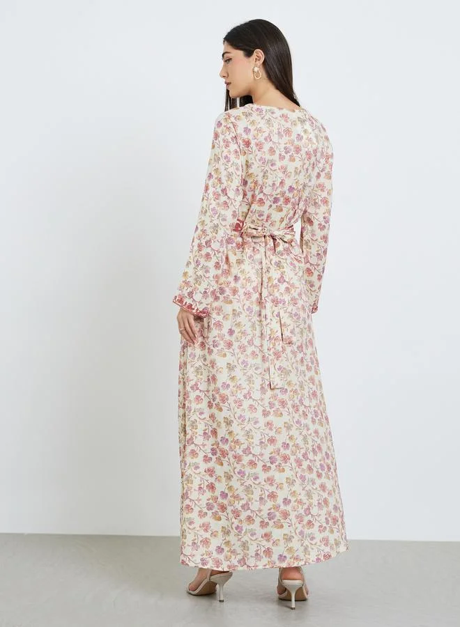 Amirah  Women Floral Print Embroidered Belted Jalabiya for Women | Best Price UAE